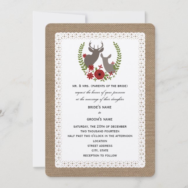 Burlap + Lace Christmas Wedding Buck + Doe Deer Invitation (Front)
