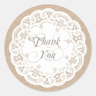Burlap Lace Doily Thank You Stickers
