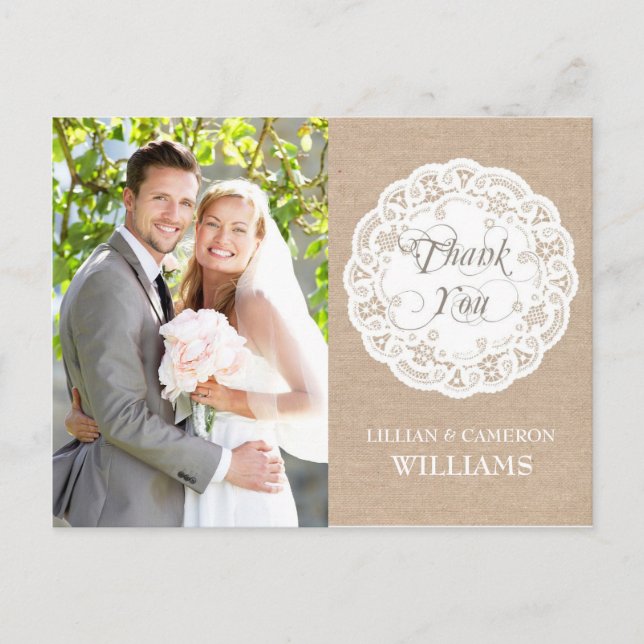 Burlap Lace Doily Wedding Thank You Postcard (Front)