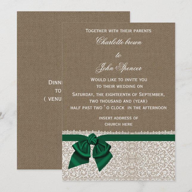 burlap lace emerald wedding invitation (Front/Back)