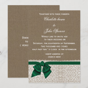 burlap lace emerald wedding invitation
