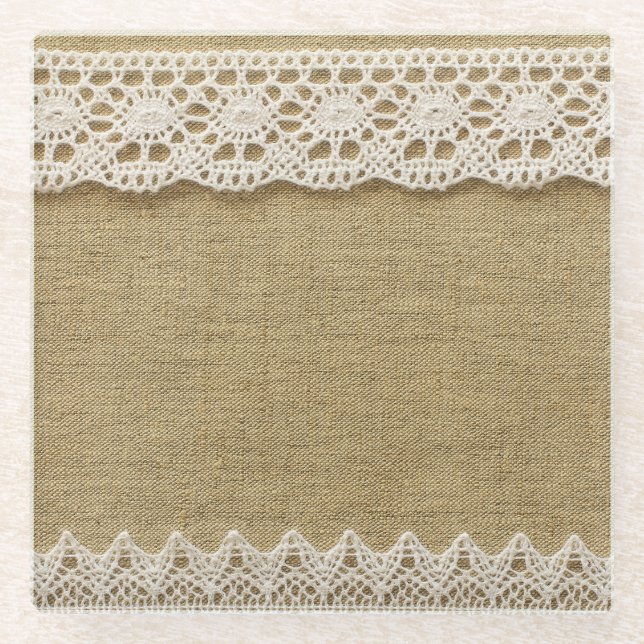 Burlap, lace fabric texture. glass coaster (Front)