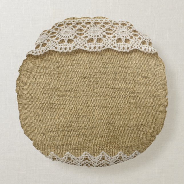 Burlap, lace fabric texture. round cushion (Front)
