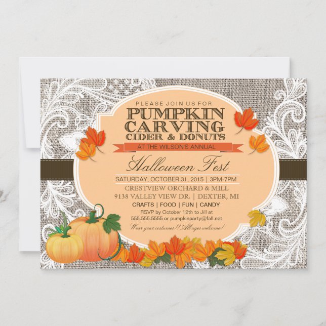 Burlap & Lace Fall Pumpkin Carving Halloween Party Invitation (Front)