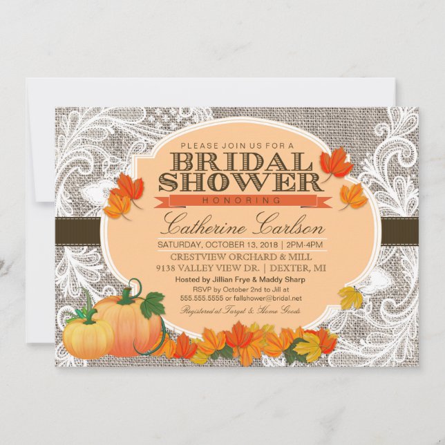 Burlap & Lace Fall Pumpkin & Leaves Bridal Shower Invitation (Front)