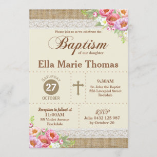 Burlap Lace Floral Christening Baptism Rustic Girl Invitation