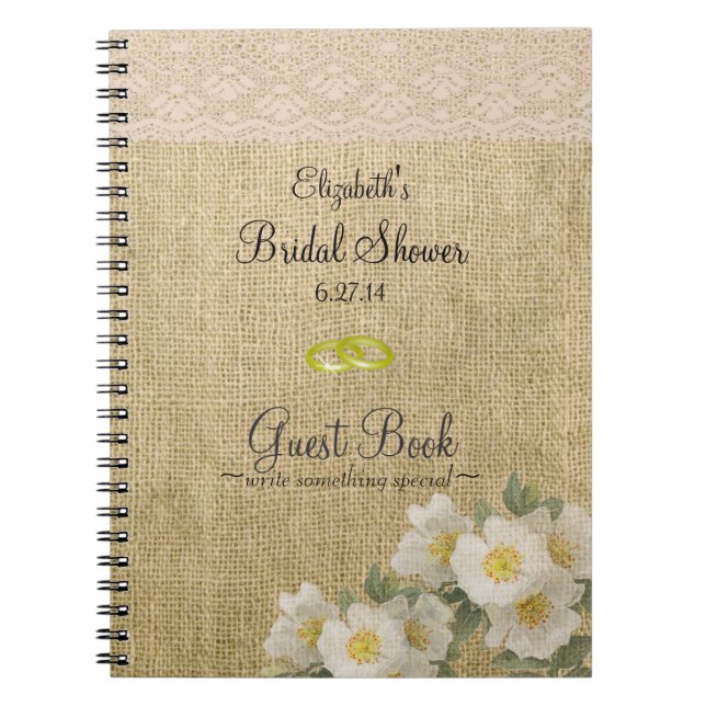 Burlap Lace Flowers Bridal Shower Guest Book- Notebook (Front)
