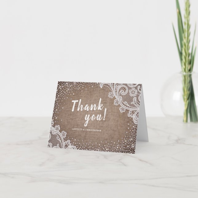Burlap Lace glitter rustic Wedding thank you Card (Front)