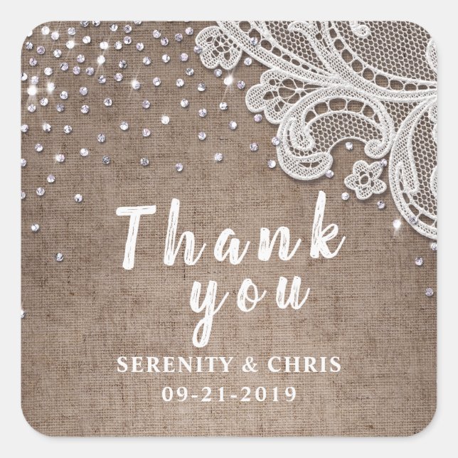 burlap lace glitter rustic wedding thank you square sticker (Front)