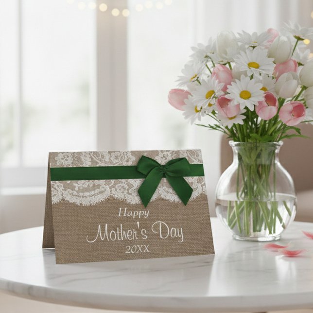 Burlap, Lace & Green Bow Happy Mother's Day Card (Creator Uploaded)