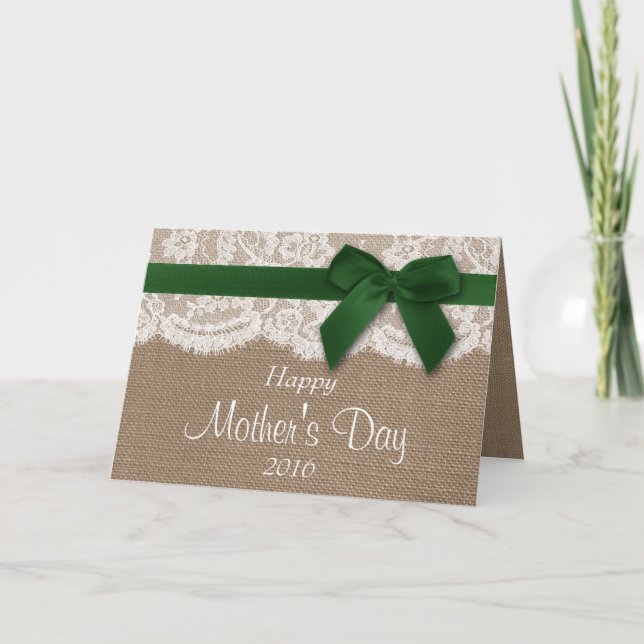 Burlap, Lace & Green Bow Happy Mother's Day Card (Front)