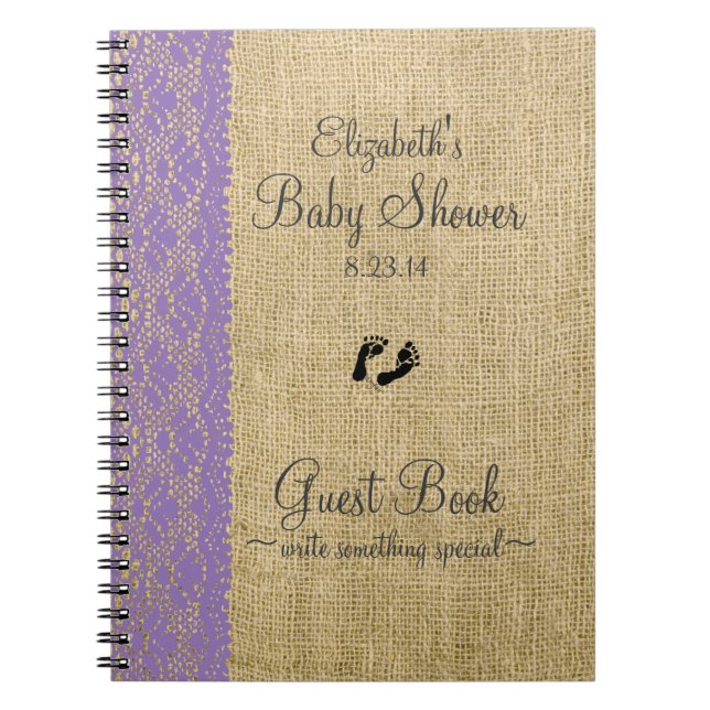 Burlap Lace Image Lavender Baby Shower Guest Book (Front)