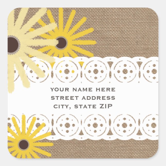 Burlap & Lace Inspired Black Eyed Susans Address Square Sticker (Front)