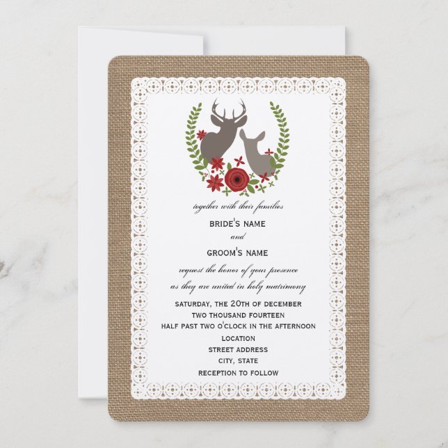 Burlap + Lace Inspired Christmas Wedding Deer Invitation (Front)