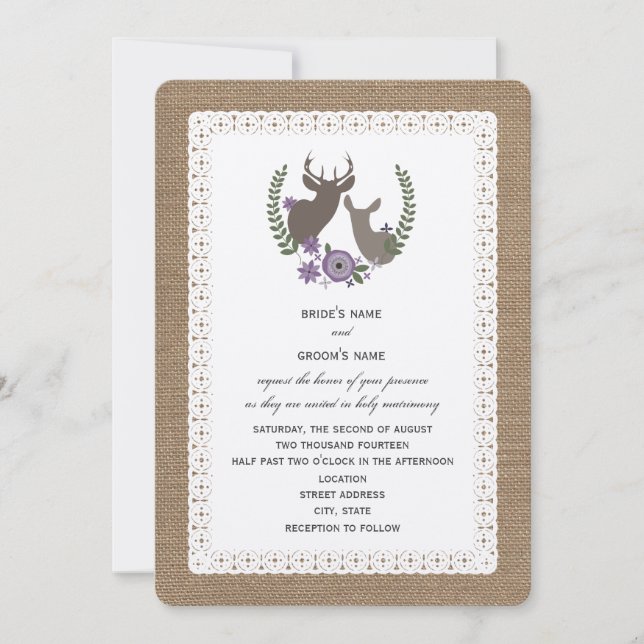 Burlap + Lace Inspired Deer Buck + Doe Purple Invitation (Front)