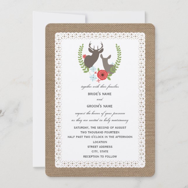 Burlap + Lace Inspired Floral Buck + Doe Invitation (Front)