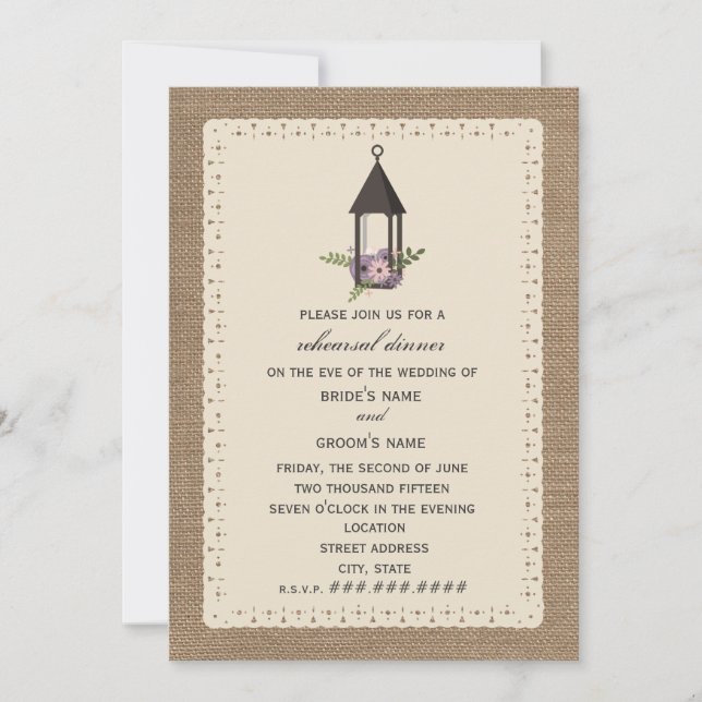 Burlap & Lace Inspired Floral Lantern Rehearsal Invitation (Front)