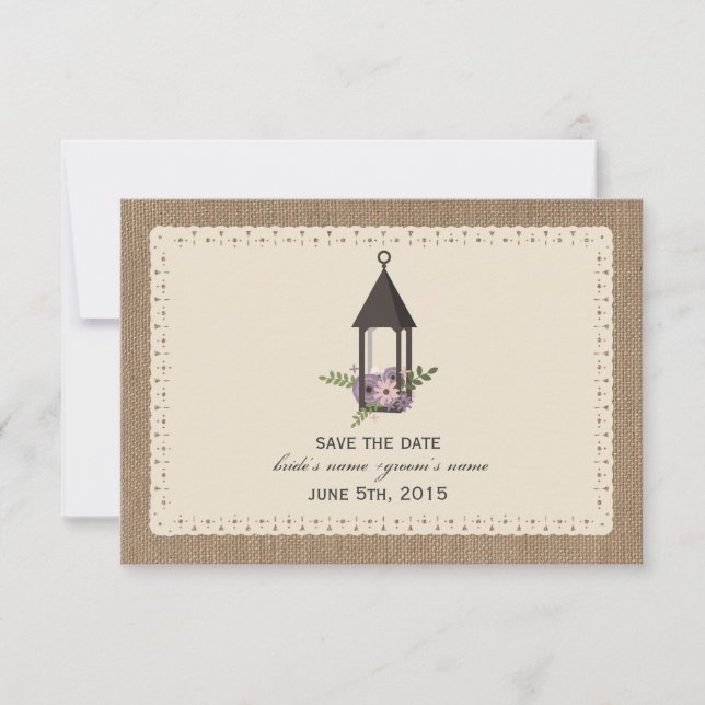 Burlap Lace Inspired Floral Lantern Save The Date (Front)