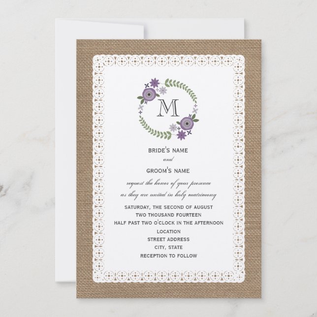 Burlap & Lace Inspired Purple Wreath Monogram Invitation (Front)