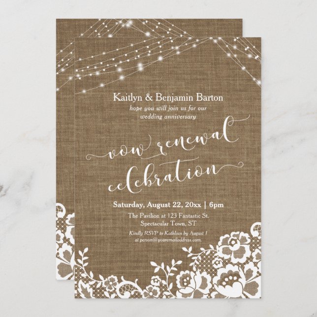 Burlap Lace Light Strings Vow Renewal Celebration Invitation (Front/Back)