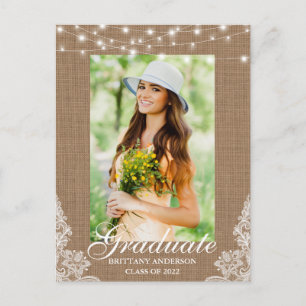 Burlap Lace Lights Photo Graduation Announcement Postcard