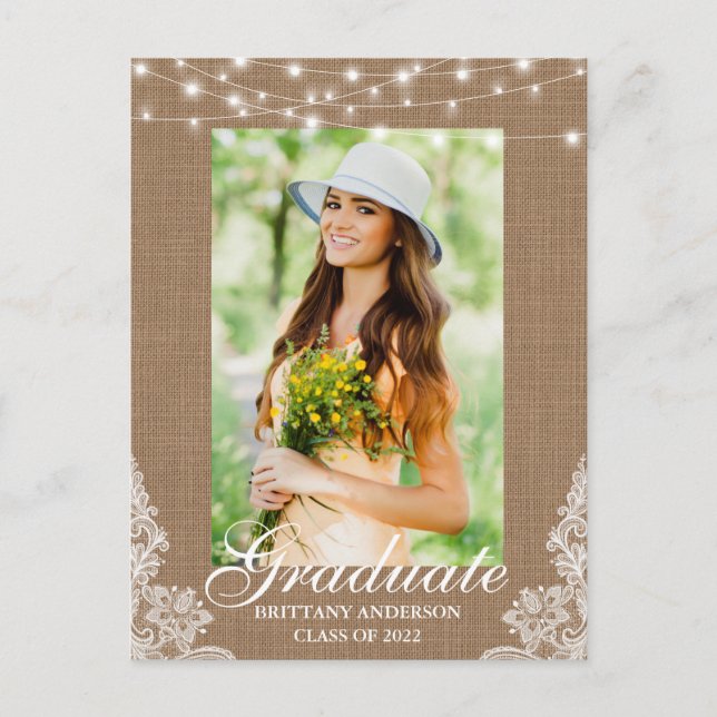 Burlap Lace Lights Photo Graduation Announcement Postcard (Front)