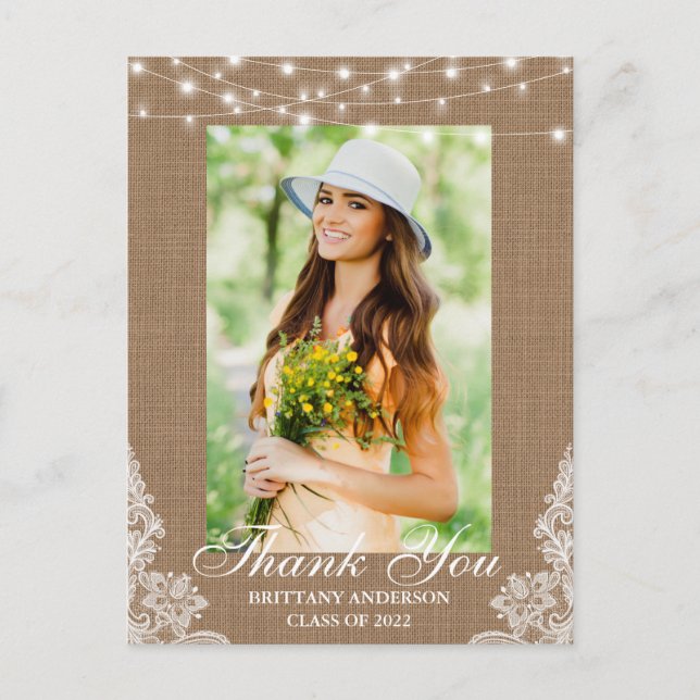 Burlap Lace Lights Photo Graduation Thank You Postcard (Front)