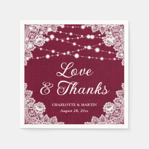 Burlap Lace Love and Thanks Burgundy Wedding Napkin