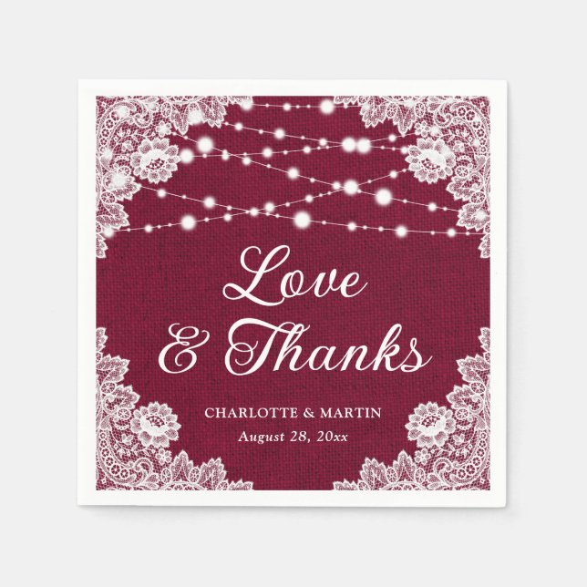 Burlap Lace Love and Thanks Burgundy Wedding Napkin (Front)
