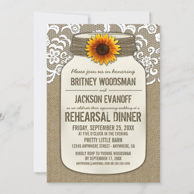Burlap Lace Mason Jar Rehearsal Dinner Invitations (Front)