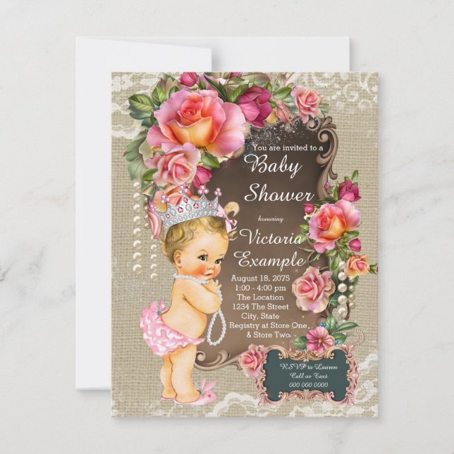 Burlap Lace Pearl Princess Baby Shower Invitation (Front)