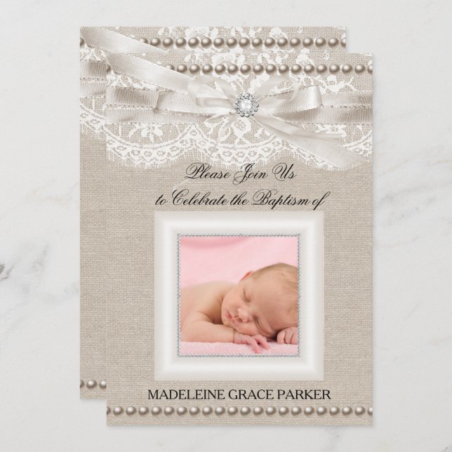 Burlap Lace Photo Baptism/Christening Invitation (Front/Back)