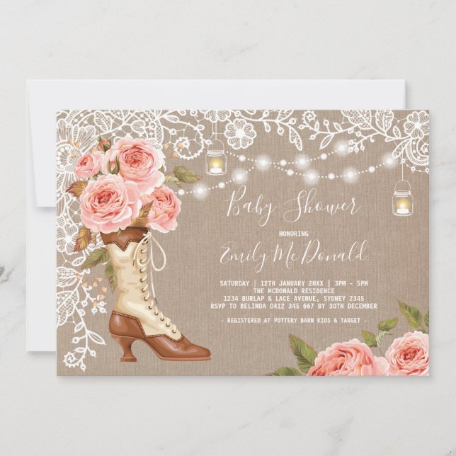 Burlap Lace Pink Floral Baby Shower Cowgirl Boots Invitation (Front)