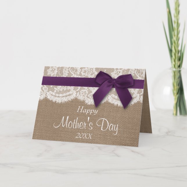 Burlap, Lace & Purple Bow Happy Mother's Day Card (Front)