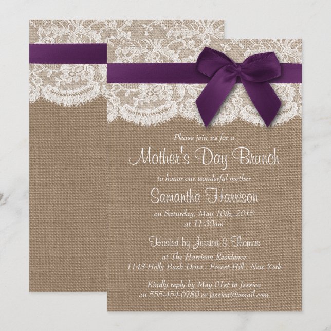 Burlap, Lace & Purple Bow Mother's Day Brunch Invitation (Front/Back)