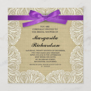 burlap lace & purple ribbon bridal shower invites