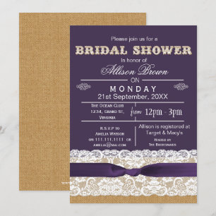 Burlap , lace,purple rustic bridal shower Invites