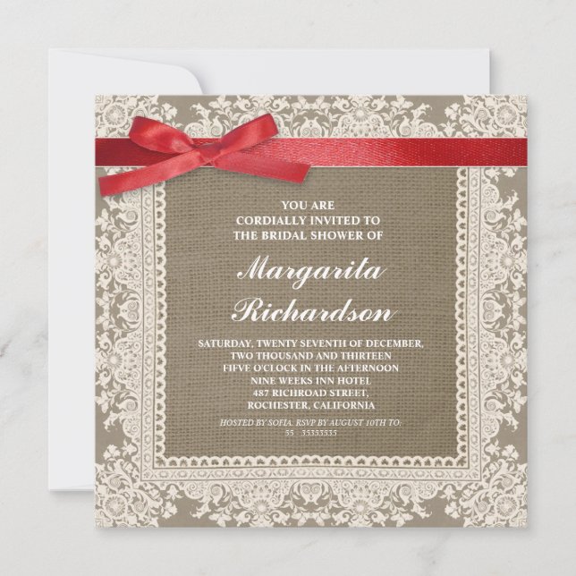 burlap lace & red ribbon bridal shower invites (Front)