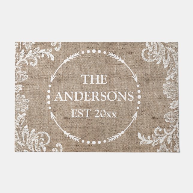 Burlap Lace Rustic Chic Personalised Name Doormat (Front)