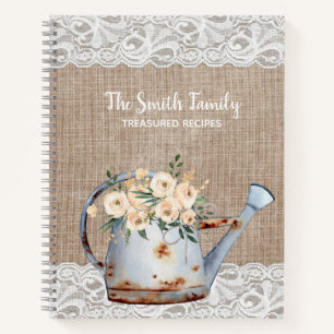 Burlap Lace Rustic Vintage Teapot White Flowers Notebook