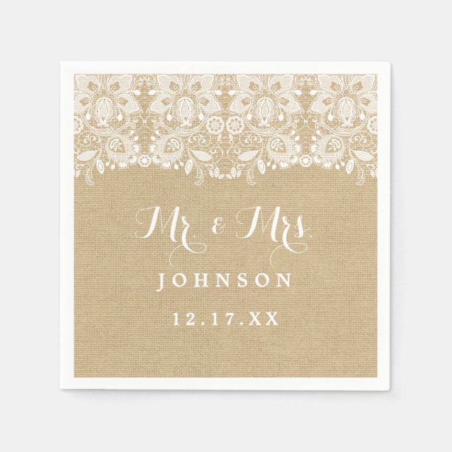 Burlap Lace Rustic Wedding Paper Napkins (Front)