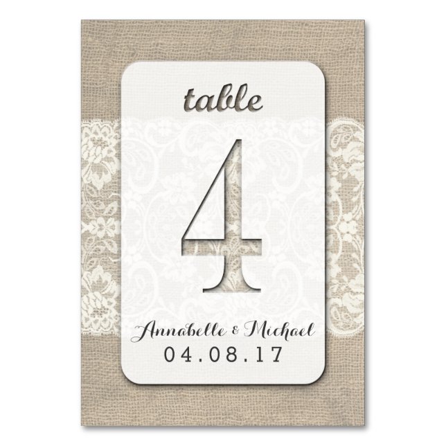 Burlap Lace Rustic Wedding Table Number Card 4 (Front)