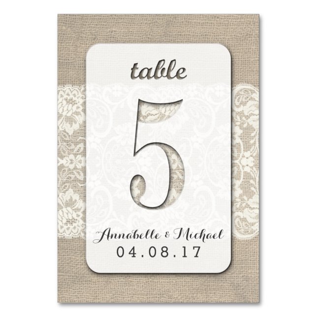 Burlap Lace Rustic Wedding Table Number Card 5 (Front)