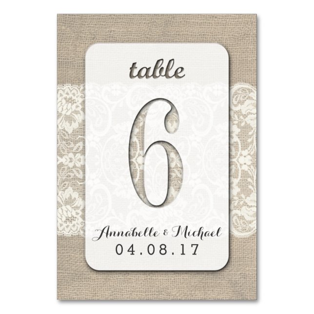 Burlap Lace Rustic Wedding Table Number Card 6 (Front)