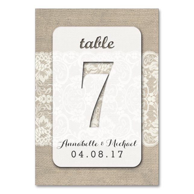 Burlap Lace Rustic Wedding Table Number Card 7 (Front)