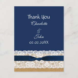 burlap lace, rustic wedding Thank You Postcard