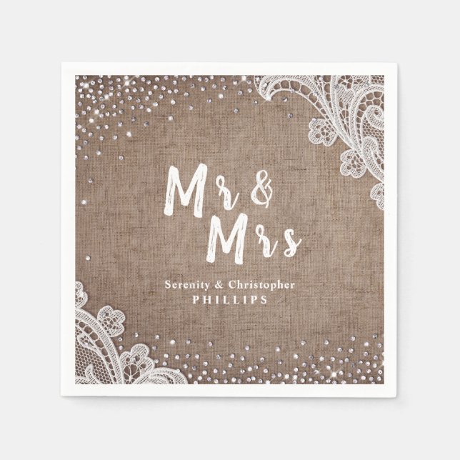 Burlap Lace silver glitter Mr & Mrs rustic wedding Napkin (Front)