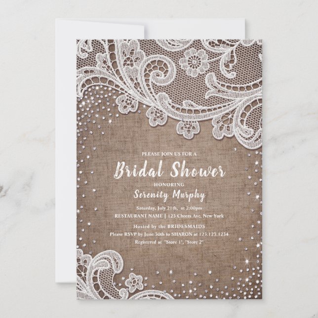 Burlap Lace silver glitter rustic bridal shower Invitation (Front)