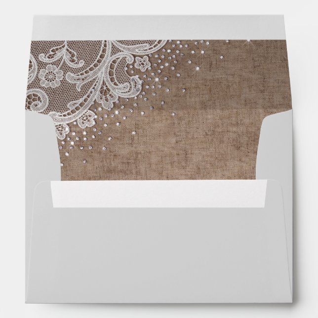 Burlap Lace silver glitter rustic country Wedding Envelopes (Back (Bottom))
