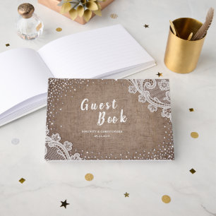Burlap Lace silver glitter rustic country Wedding Guest Book